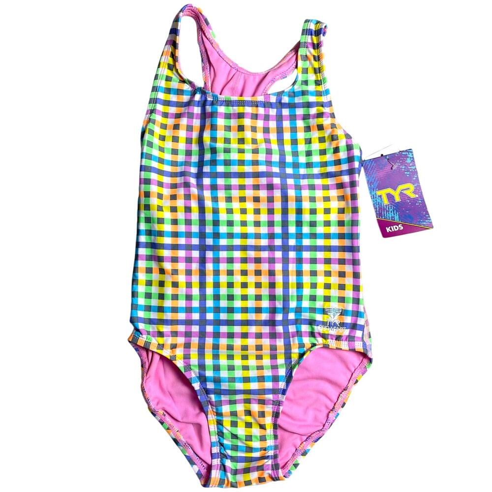 TYR DuraFast Lite Youth Sunset Plaid Maxfit 1pc Swimsuit Dk Violet Girls Size 12